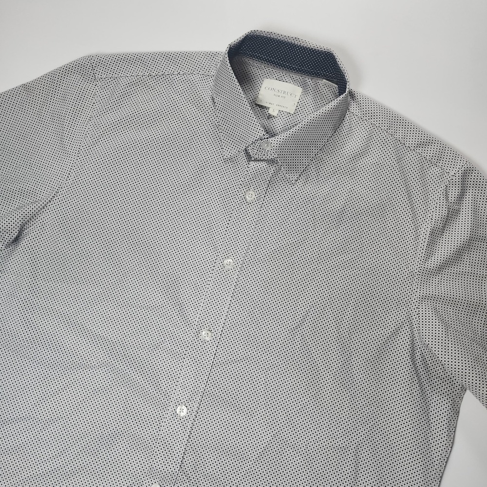 ConStruct 4 Way Stretch Shirt Mens L Gray Slim Fit Polka Dot Short Slevee EUC